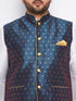 Vastramay Men's Plus Size Blue Zari Weaved Nehru Jacket With Kurta Pyjama set